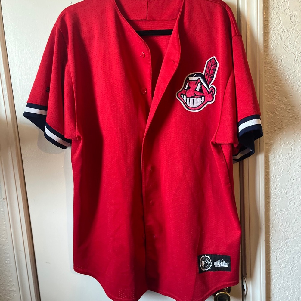 Majestic MLB Cleveland Indians Red Mesh Baseball Jersey Chief Wahoo Medium Large